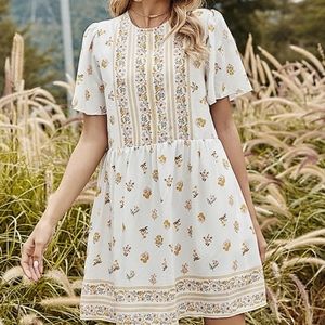White & Yellow Floral High Neck Shortsleeve Dress